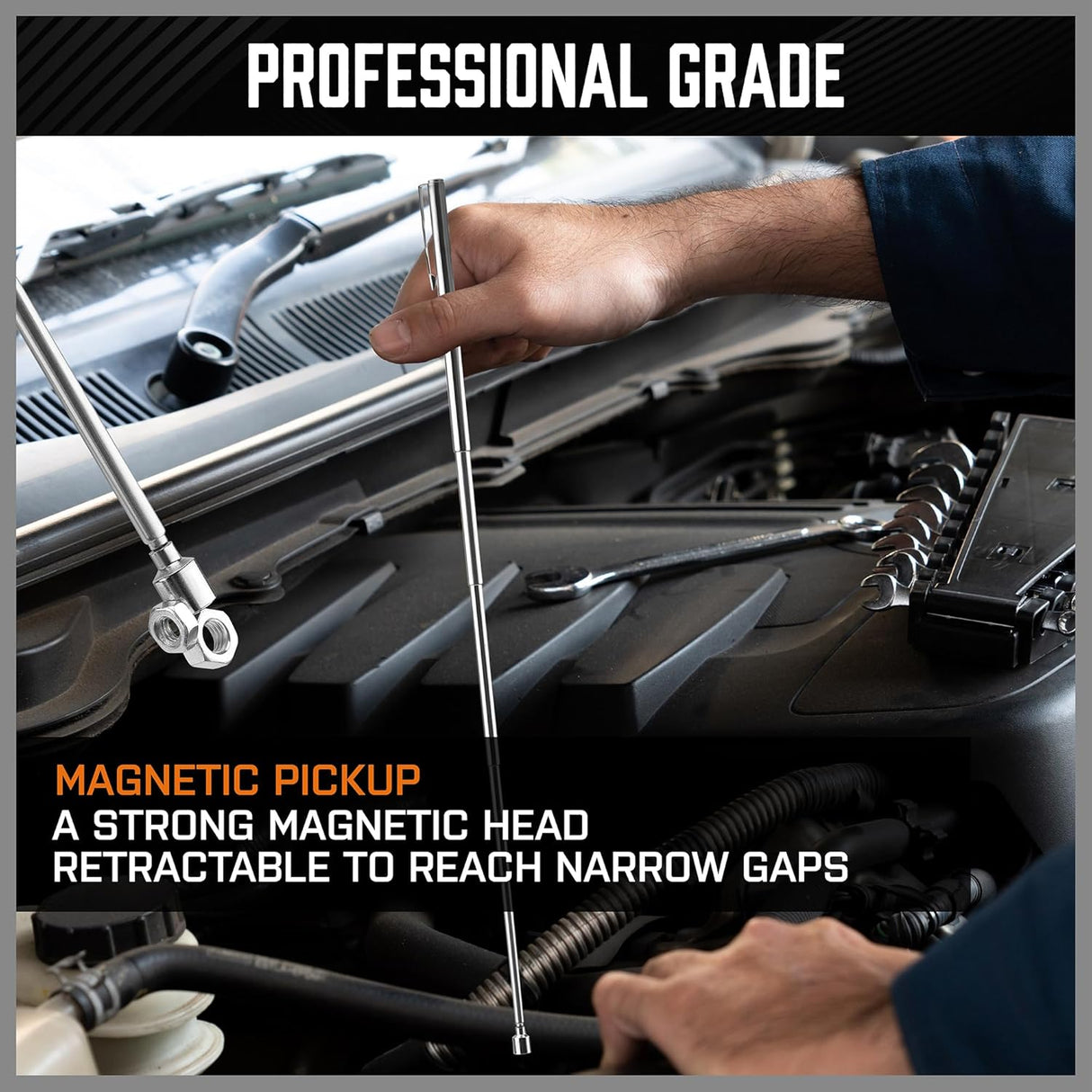 HORUSDY magnetic pickup tool set with telescoping rods, flexible magnetic sweeper, and stainless 3-inch magnetic tray