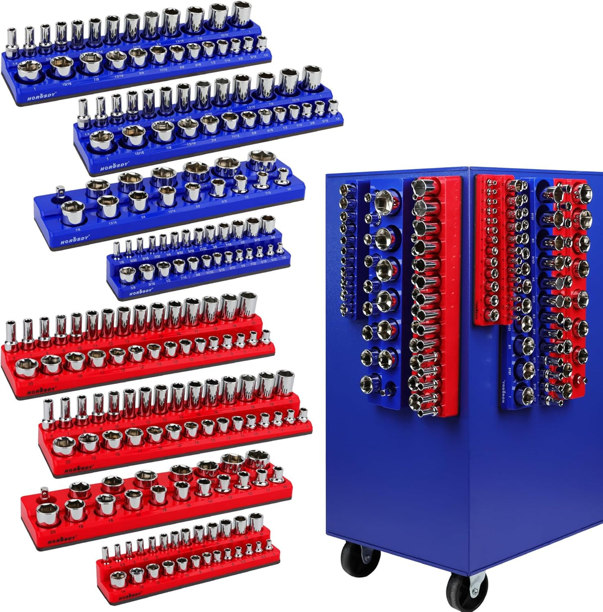 Magnetic socket organizer tray set for metric and SAE sockets, red and blue holders with labeled slots for tool storage