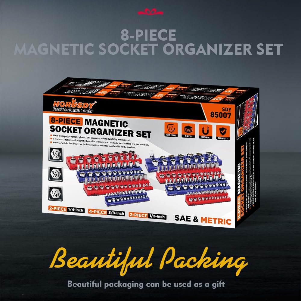 Magnetic socket organizer tray set for metric and SAE sockets, red and blue holders with labeled slots for tool storage