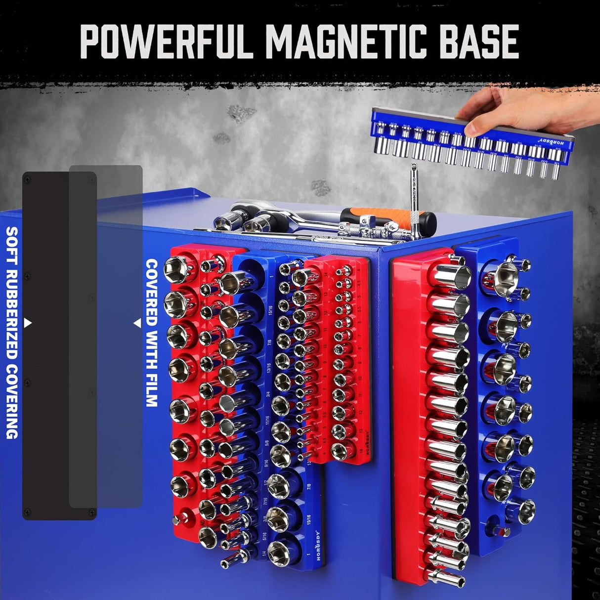 Magnetic socket organizer tray set for metric and SAE sockets, red and blue holders with labeled slots for tool storage