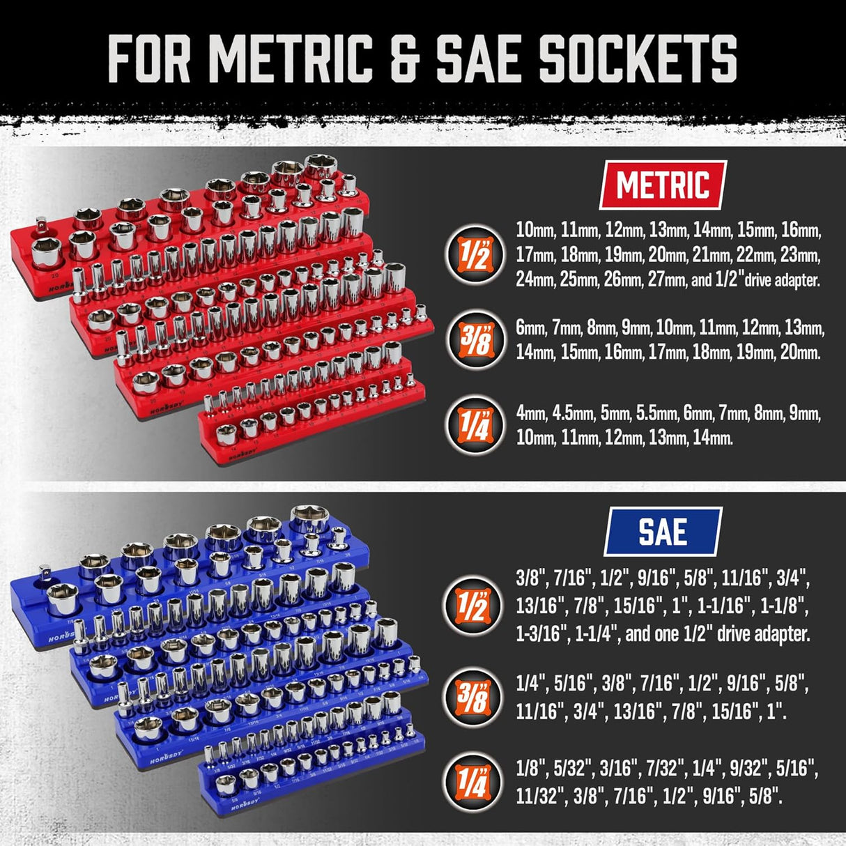 Magnetic socket organizer tray set for metric and SAE sockets, red and blue holders with labeled slots for tool storage