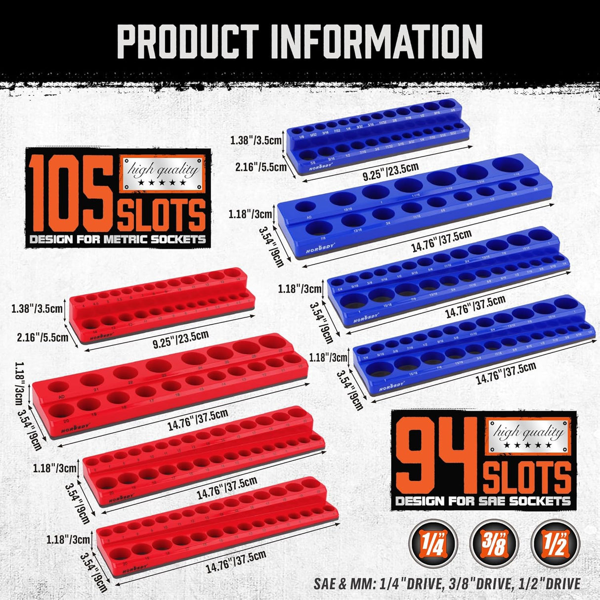 Magnetic socket organizer tray set for metric and SAE sockets, red and blue holders with labeled slots for tool storage