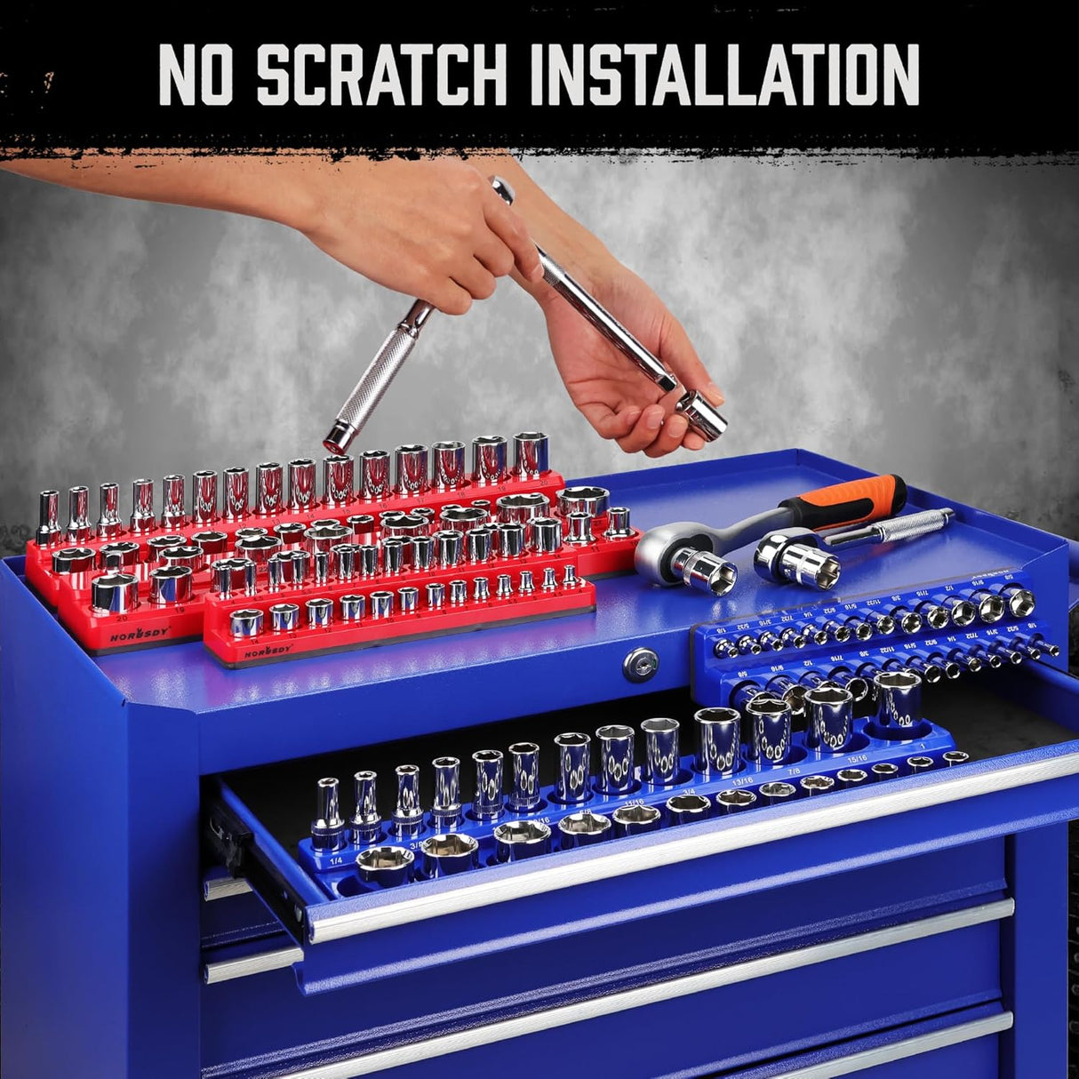 Magnetic socket organizer tray set for metric and SAE sockets, red and blue holders with labeled slots for tool storage