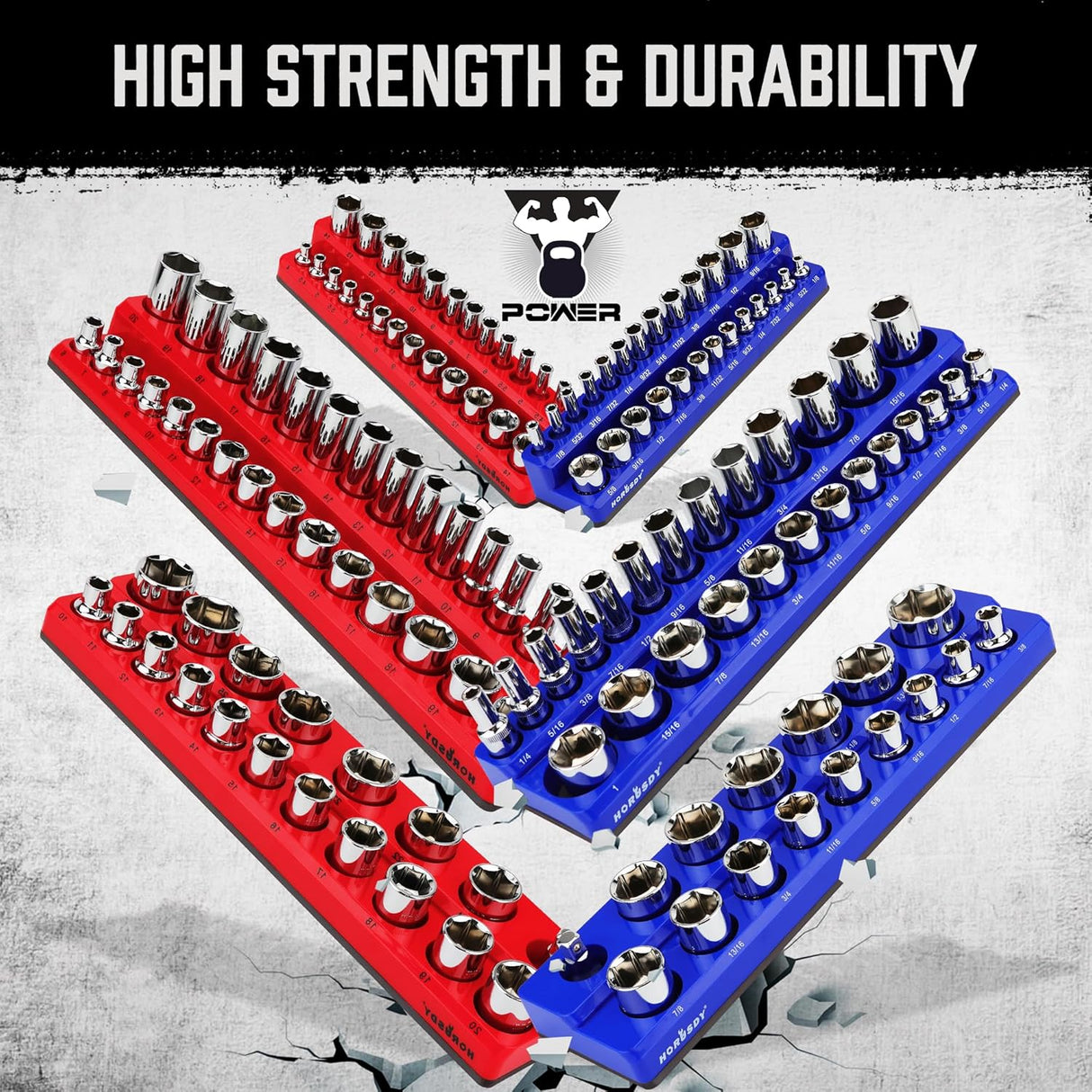 Magnetic socket organizer tray set for metric and SAE sockets, red and blue holders with labeled slots for tool storage