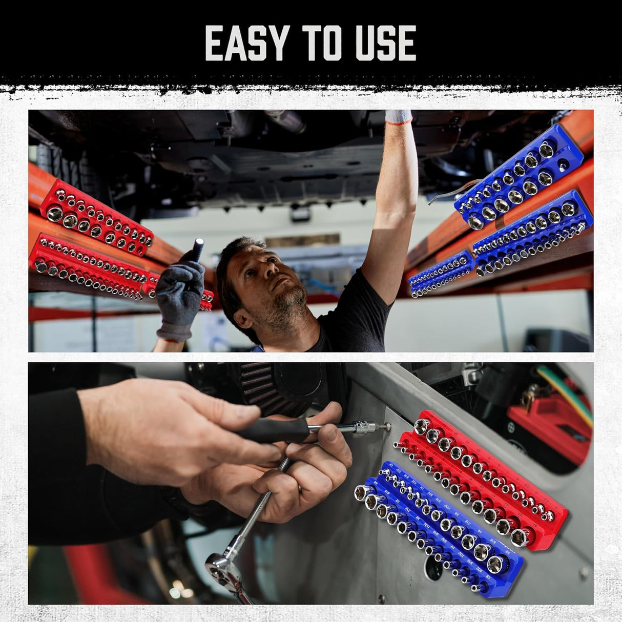 Magnetic socket organizer tray set for metric and SAE sockets, red and blue holders with labeled slots for tool storage