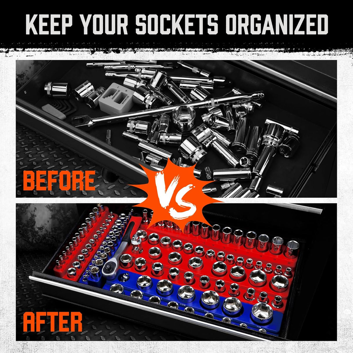 Magnetic socket organizer tray set for metric and SAE sockets, red and blue holders with labeled slots for tool storage