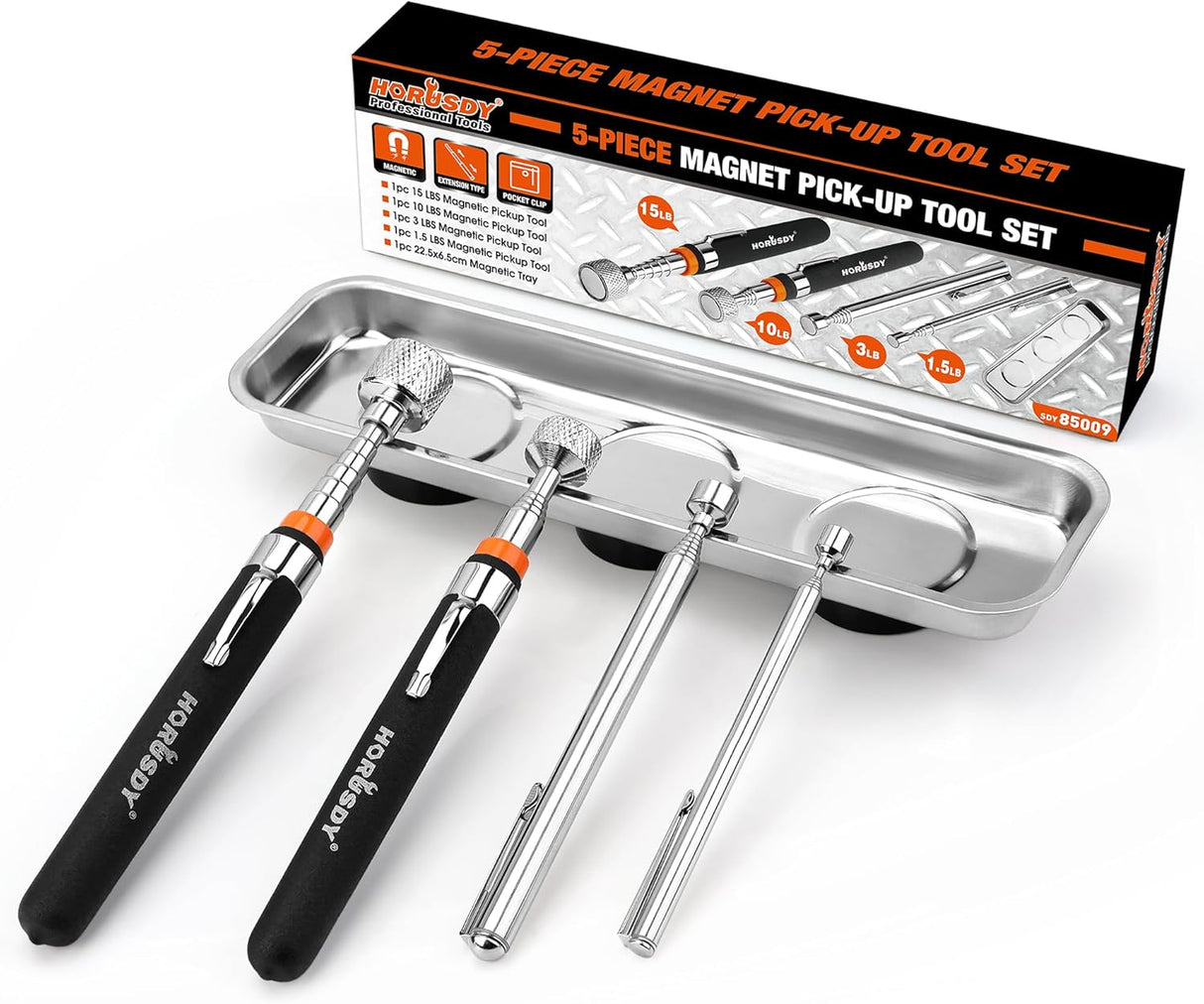 HORUSDY 5-piece magnetic pickup tool set with telescoping handles, strong magnets, and stainless steel tray for retrieving metal parts and tools in tight spaces.