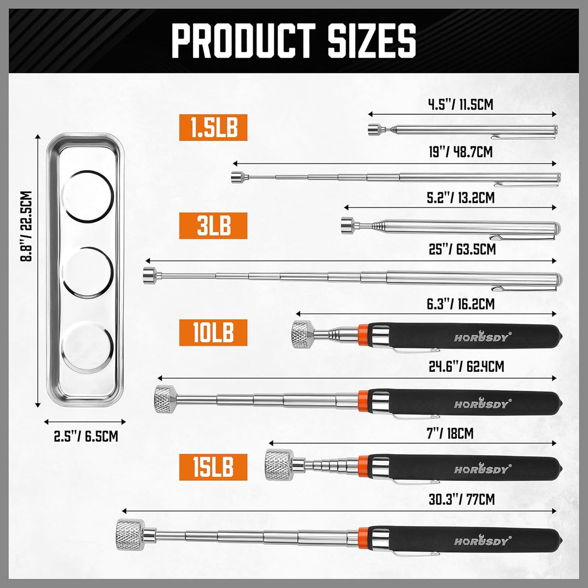 HORUSDY 5-piece magnetic pickup tool set with telescoping handles, strong magnets, and stainless steel tray for retrieving metal parts and tools in tight spaces.