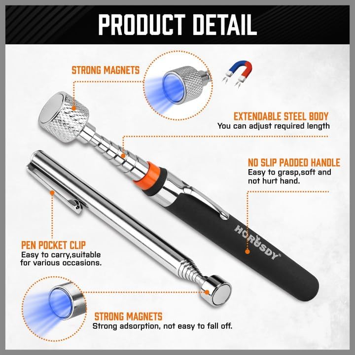 HORUSDY 5-piece magnetic pickup tool set with telescoping handles, strong magnets, and stainless steel tray for retrieving metal parts and tools in tight spaces.