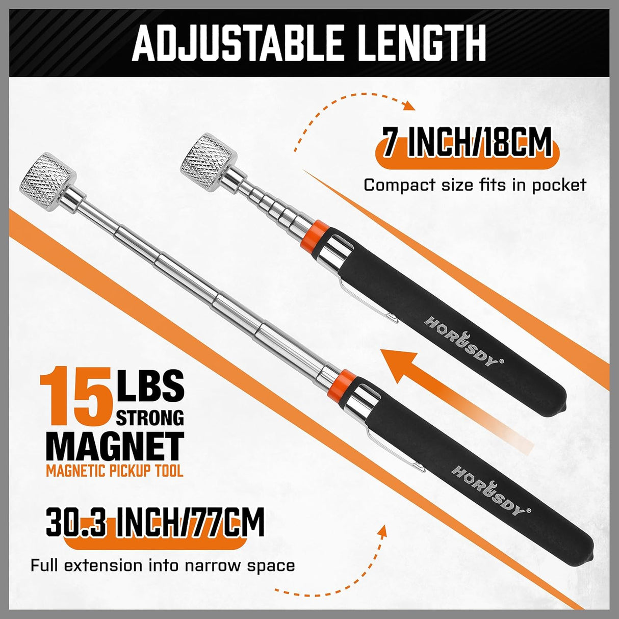 HORUSDY 5-piece magnetic pickup tool set with telescoping handles, strong magnets, and stainless steel tray for retrieving metal parts and tools in tight spaces.