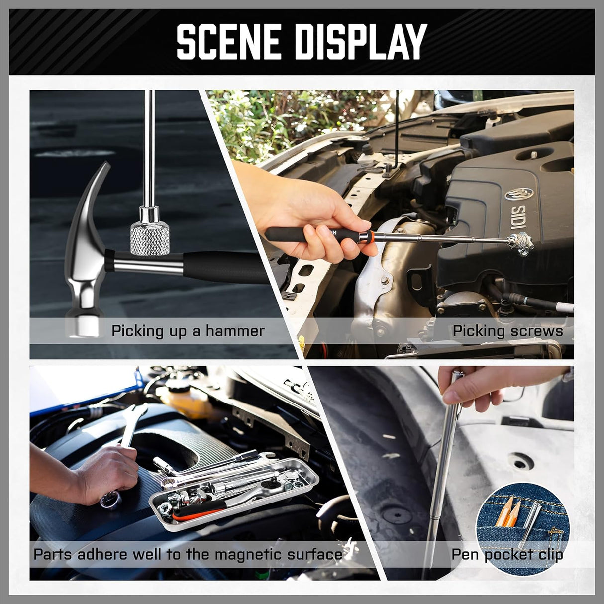 HORUSDY 5-Piece Magnetic Pick-Up Tool Set with Telescoping Handles and Magnetic Tray, 1.5–15LBS Capacity for Garage & Auto Repair