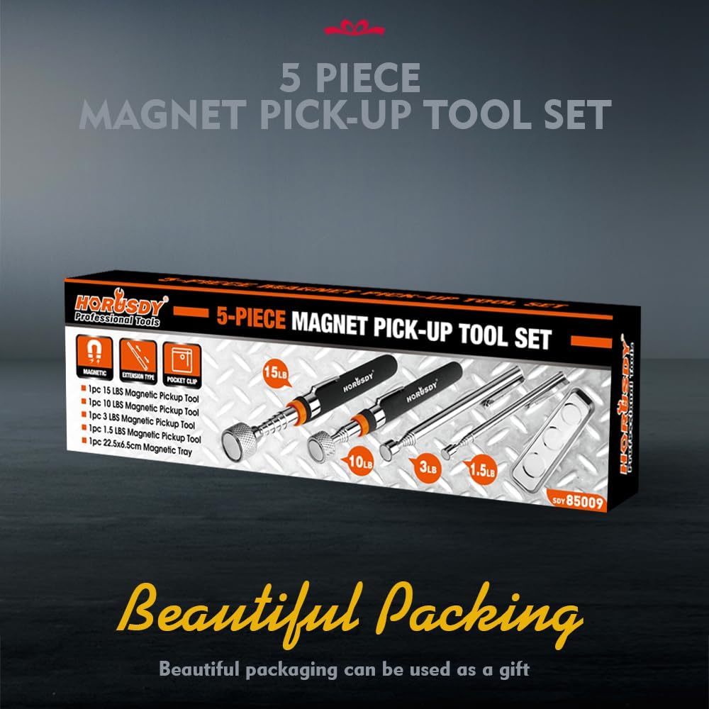HORUSDY 5-piece magnetic pickup tool set with telescoping handles, strong magnets, and stainless steel tray for retrieving metal parts and tools in tight spaces.