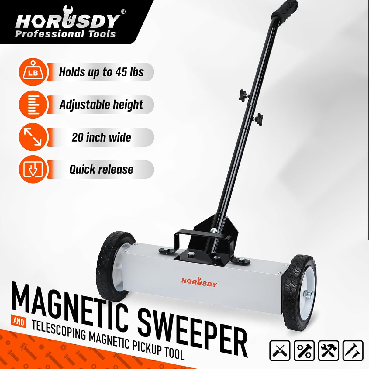 HORUSDY Magnetic Sweeper with Adjustable Handle, 20" Wide, 45LB Capacity, Quick Release Magnet Tool for Nails Screws Debris Pickup