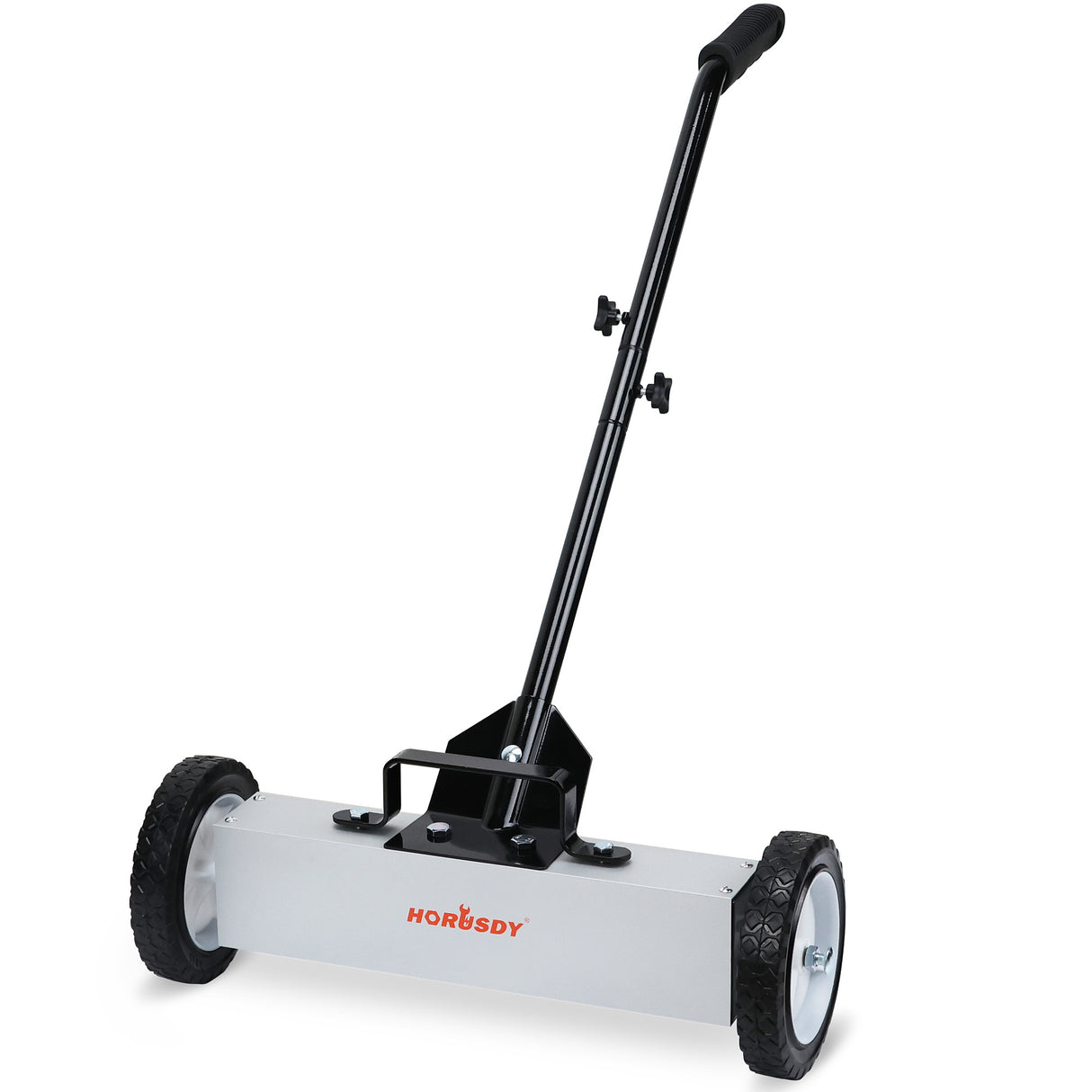 HORUSDY magnetic sweeper tool with adjustable handle and wheels for picking up nails, screws, and metal debris from floors and outdoor surfaces