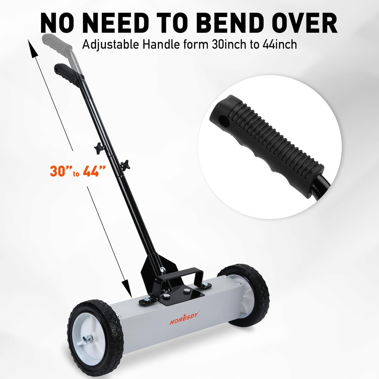 HORUSDY magnetic sweeper tool with adjustable handle and wheels for picking up nails, screws, and metal debris from floors and outdoor surfaces
