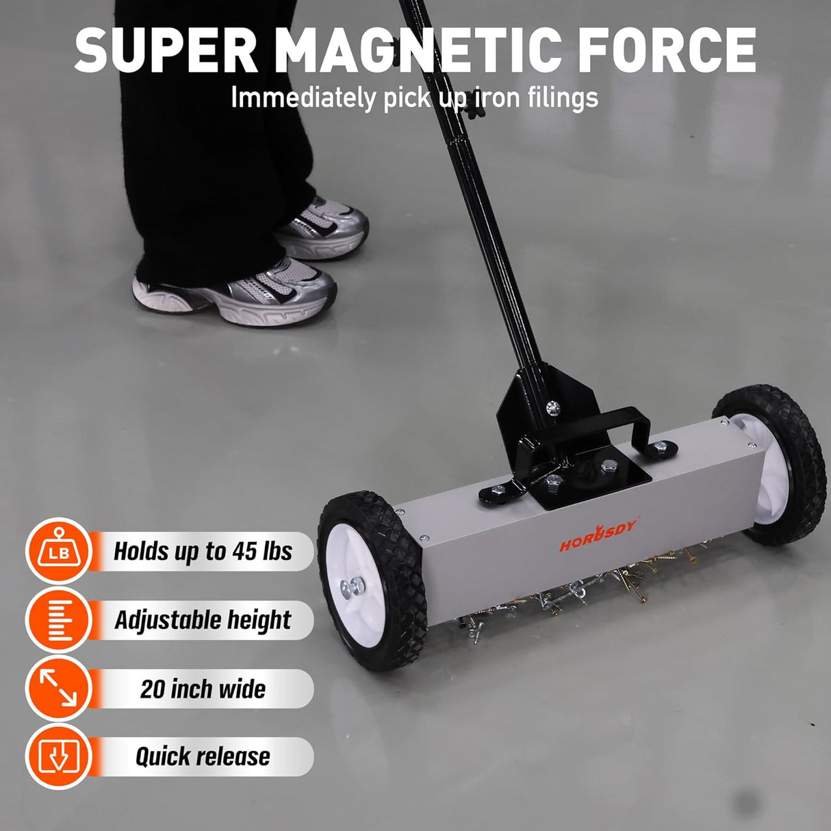 HORUSDY magnetic sweeper tool with adjustable handle and wheels for picking up nails, screws, and metal debris from floors and outdoor surfaces