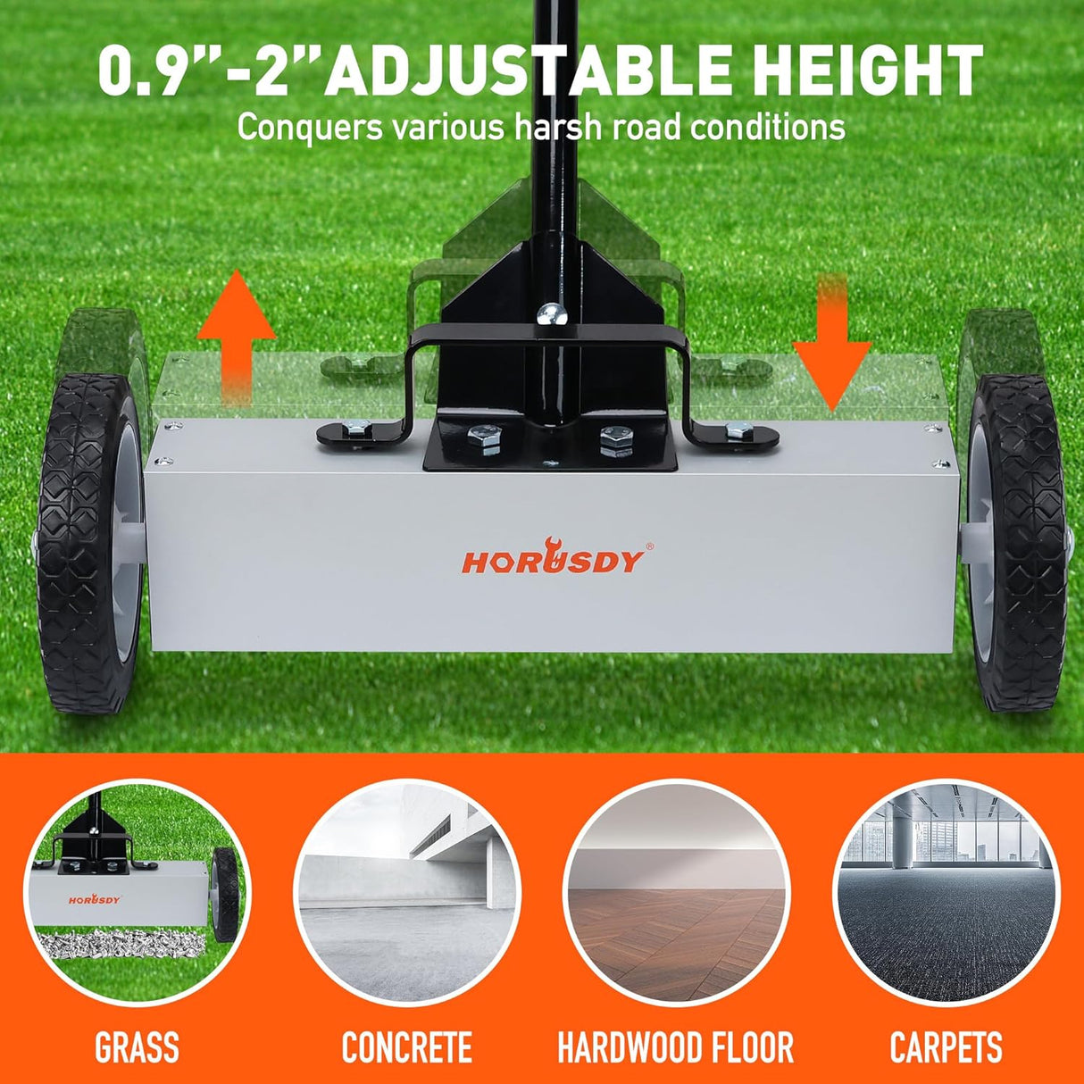 HORUSDY magnetic sweeper tool with adjustable handle and wheels for picking up nails, screws, and metal debris from floors and outdoor surfaces