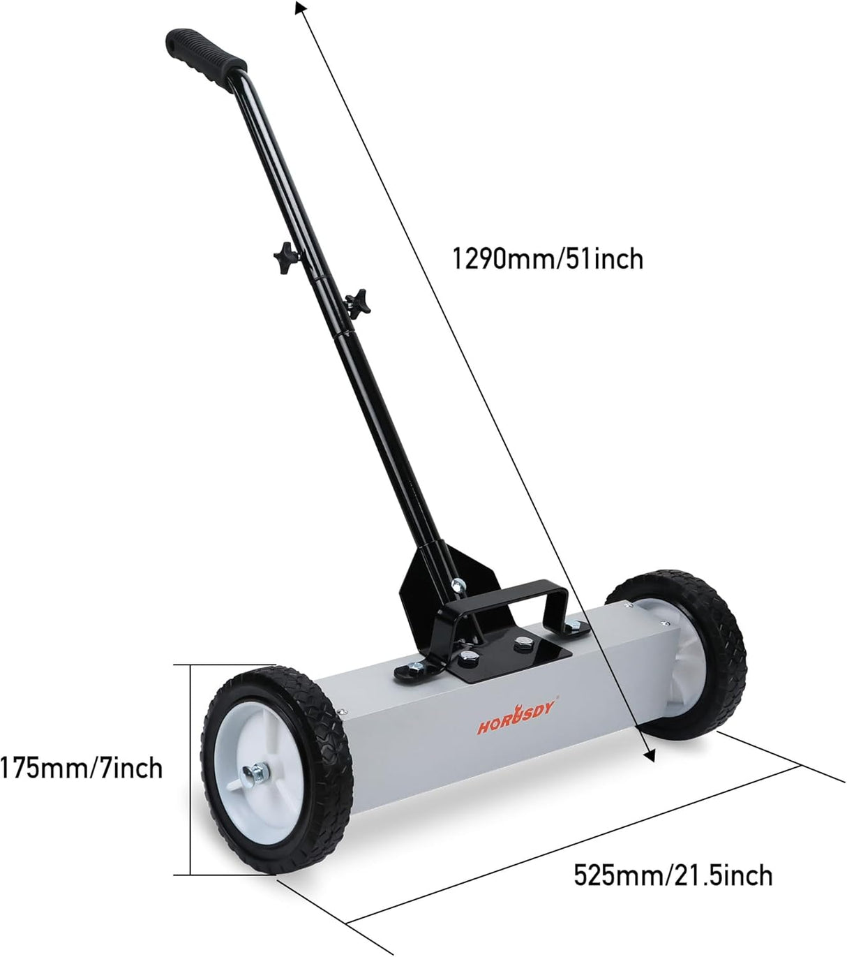 HORUSDY magnetic sweeper tool with adjustable handle and wheels for picking up nails, screws, and metal debris from floors and outdoor surfaces