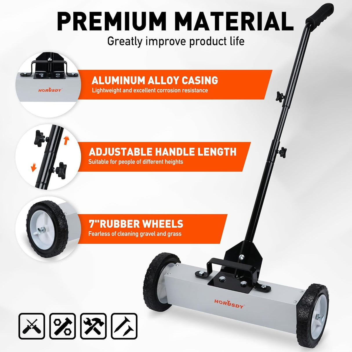 HORUSDY magnetic sweeper tool with adjustable handle and wheels for picking up nails, screws, and metal debris from floors and outdoor surfaces