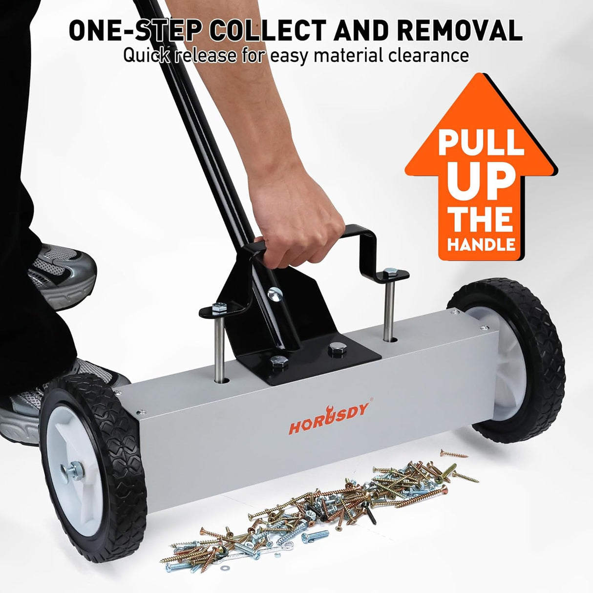 HORUSDY magnetic sweeper tool with adjustable handle and wheels for picking up nails, screws, and metal debris from floors and outdoor surfaces