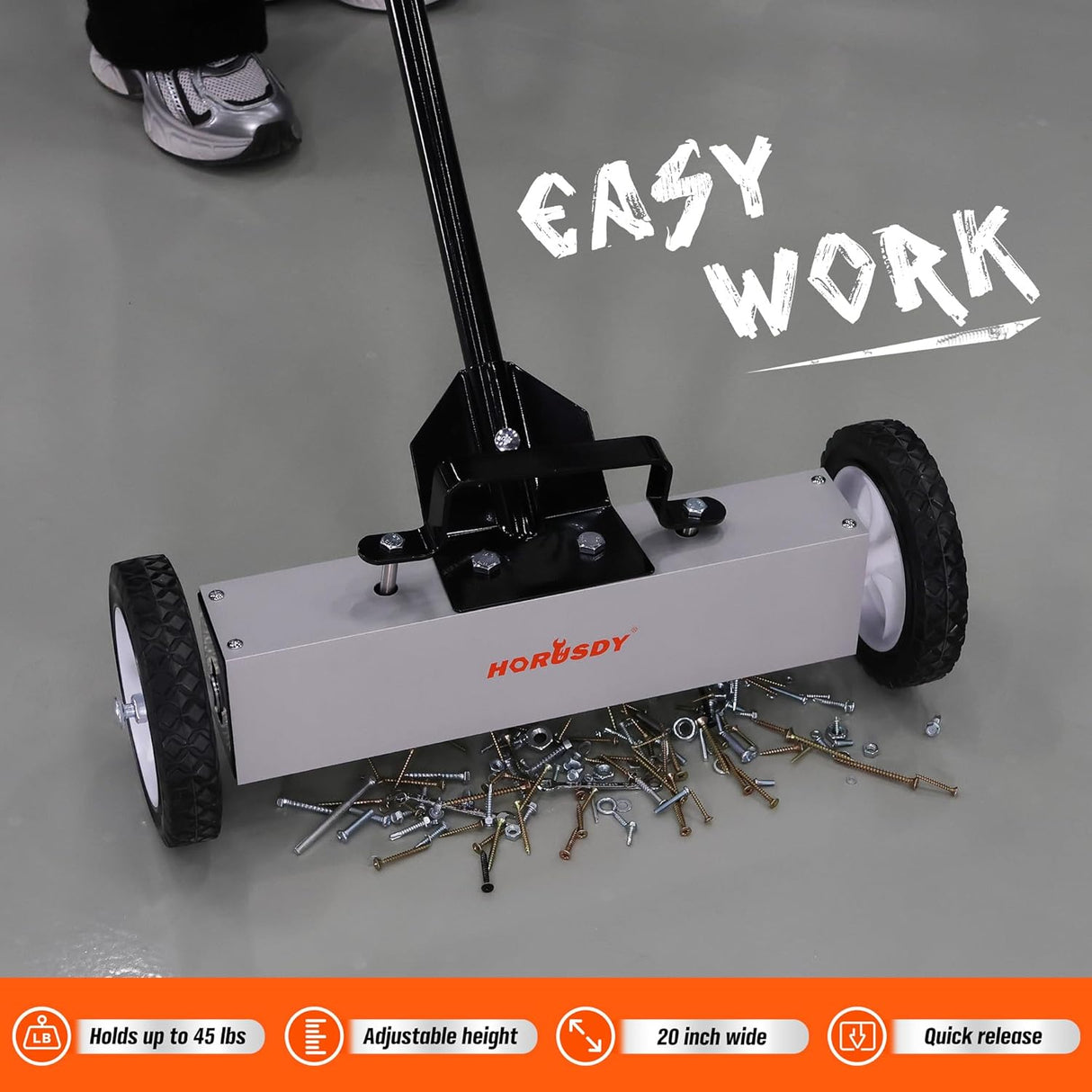 HORUSDY magnetic sweeper tool with adjustable handle and wheels for picking up nails, screws, and metal debris from floors and outdoor surfaces