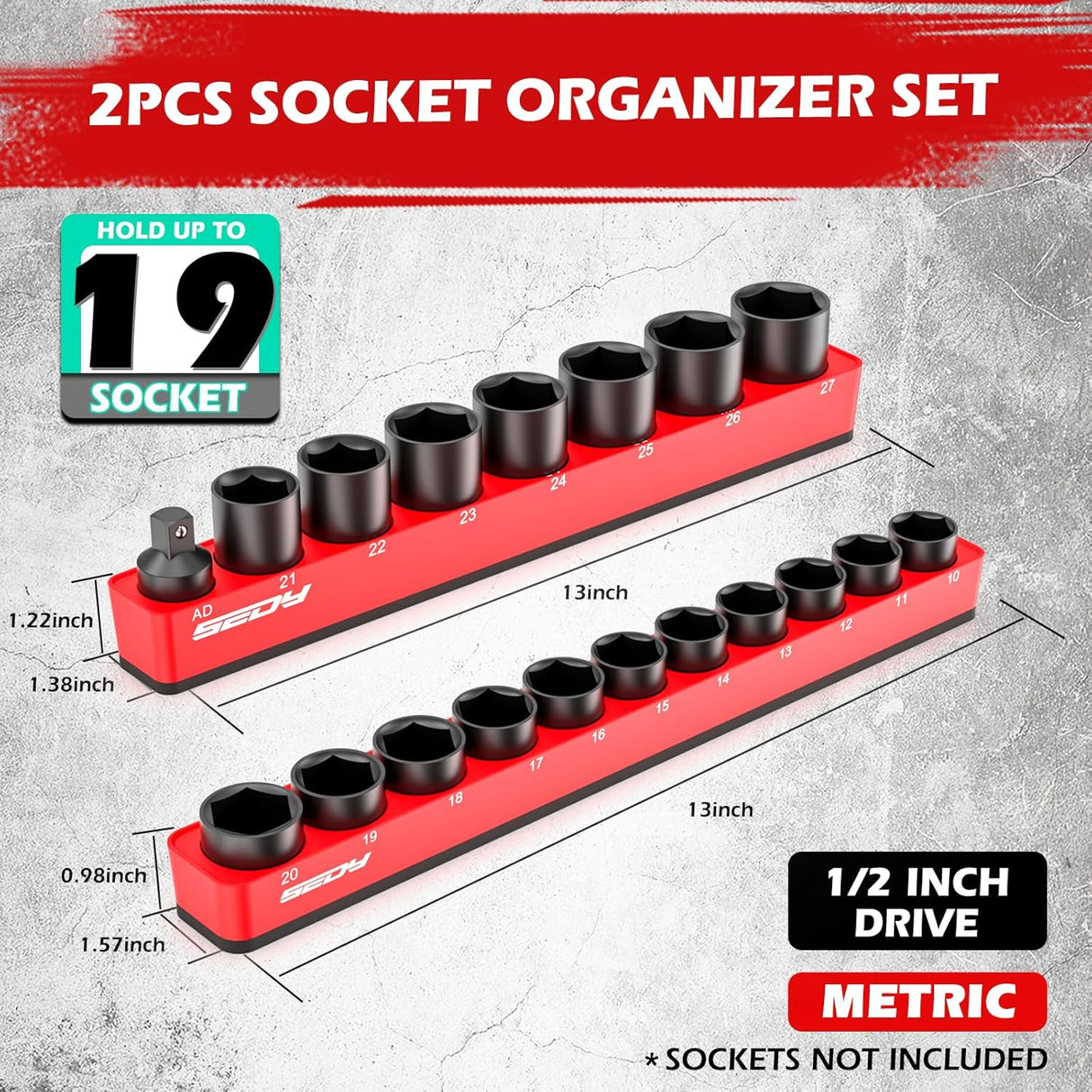 SEDY 2-piece magnetic socket organizer tray set for 1/2-inch drive metric sockets, with modular design, durable ABS body, and strong magnets