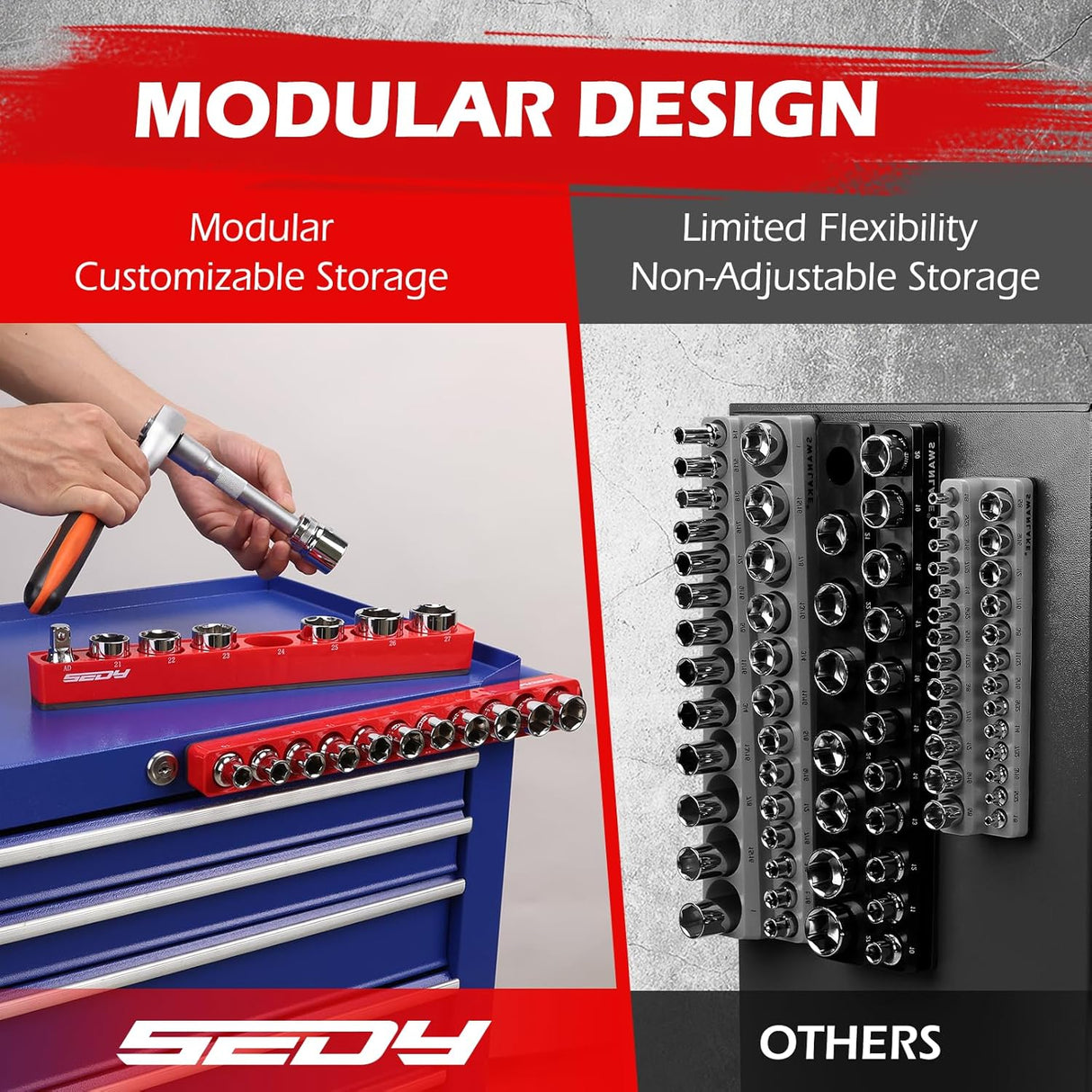 SEDY 2-piece magnetic socket organizer tray set for 1/2-inch drive metric sockets, with modular design, durable ABS body, and strong magnets