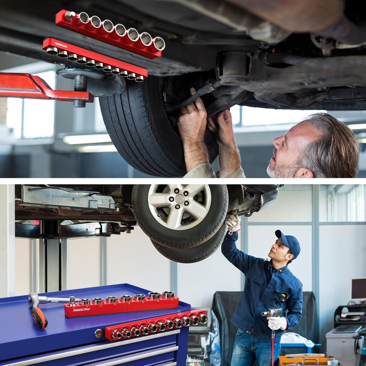 SEDY 2-piece magnetic socket organizer tray set for 1/2-inch drive metric sockets, with modular design, durable ABS body, and strong magnets