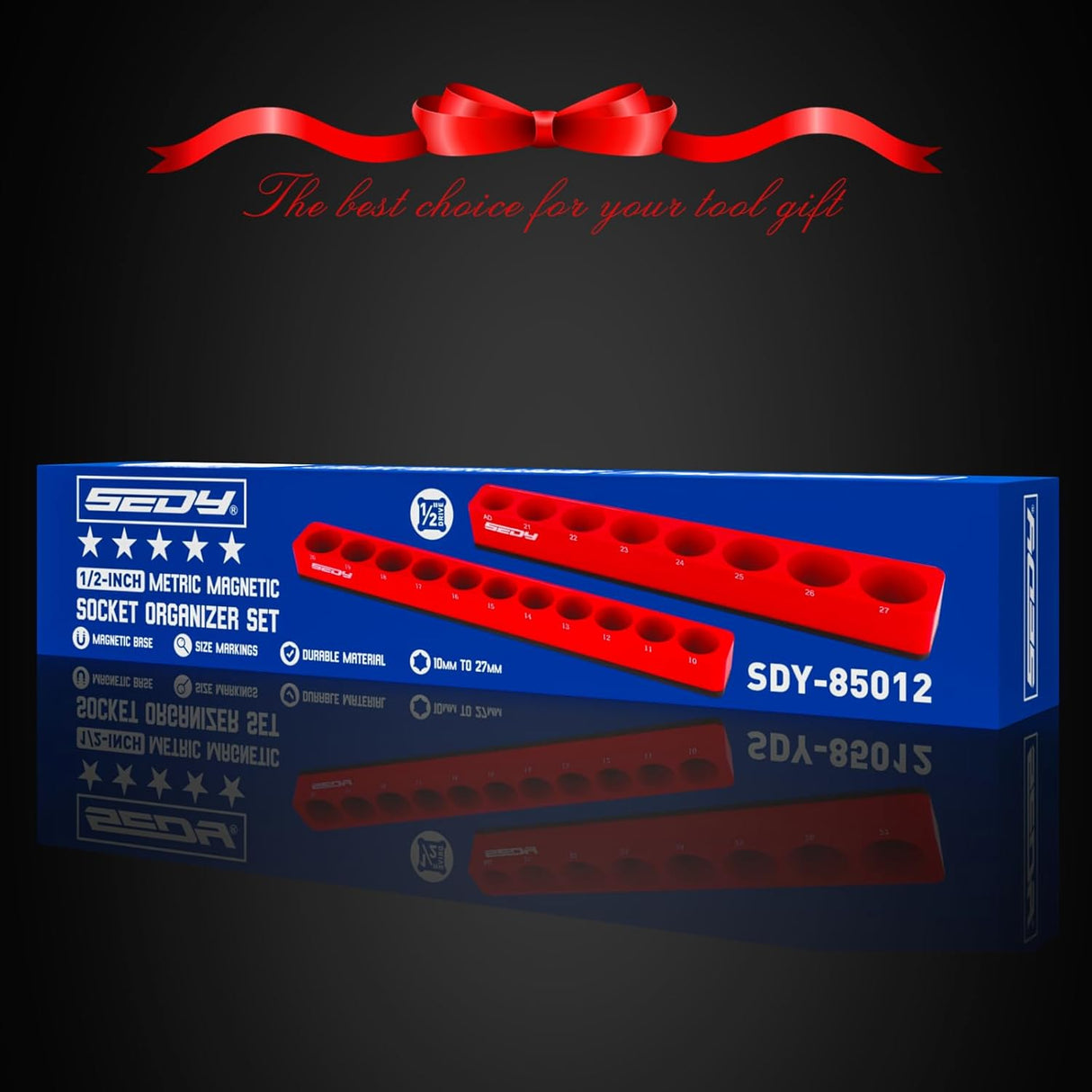 SEDY 2-piece magnetic socket organizer tray set for 1/2-inch drive metric sockets, with modular design, durable ABS body, and strong magnets