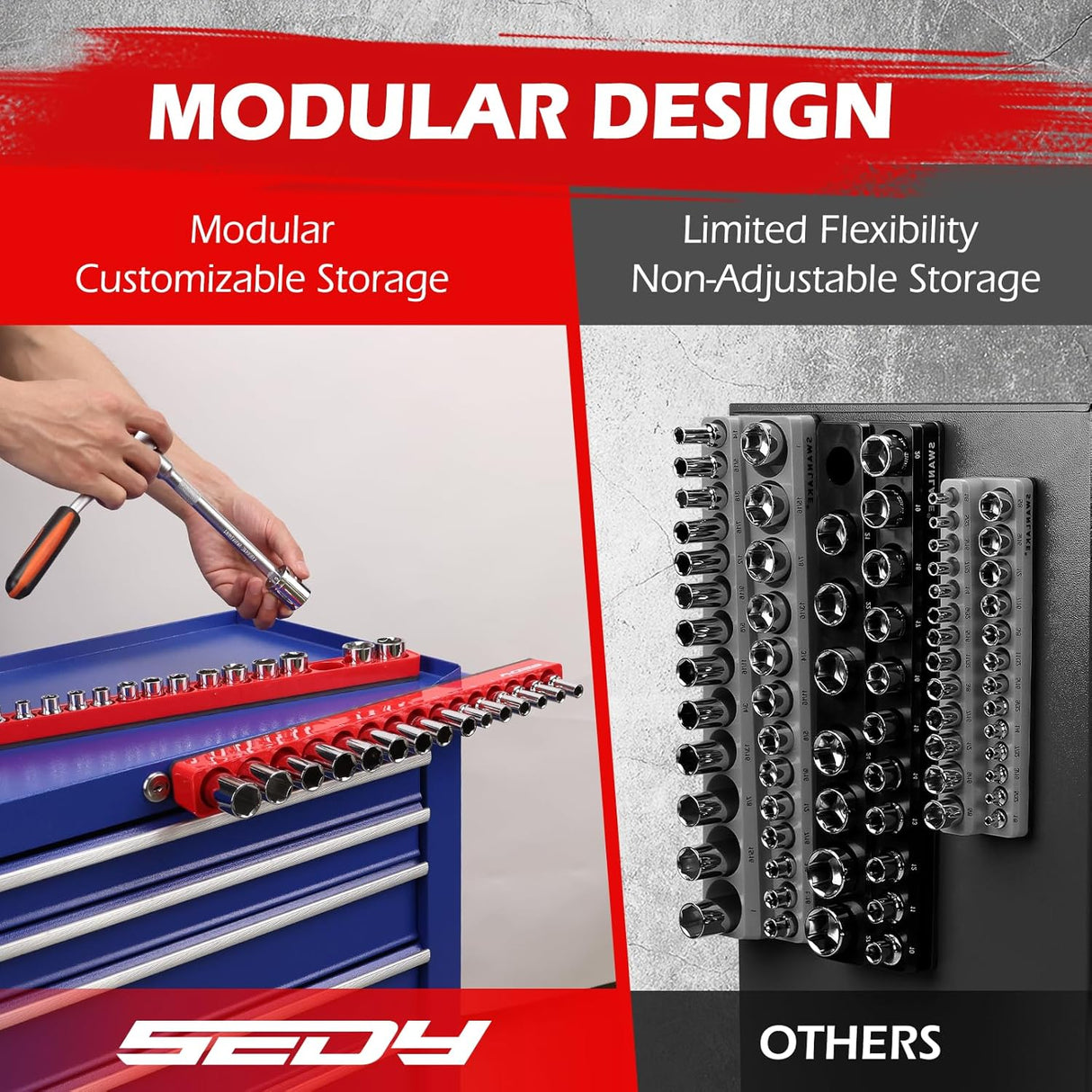 SEDY magnetic socket organizer set for 3/8 inch drive metric sockets, blue detachable aluminum trays with strong magnetic base and modular design