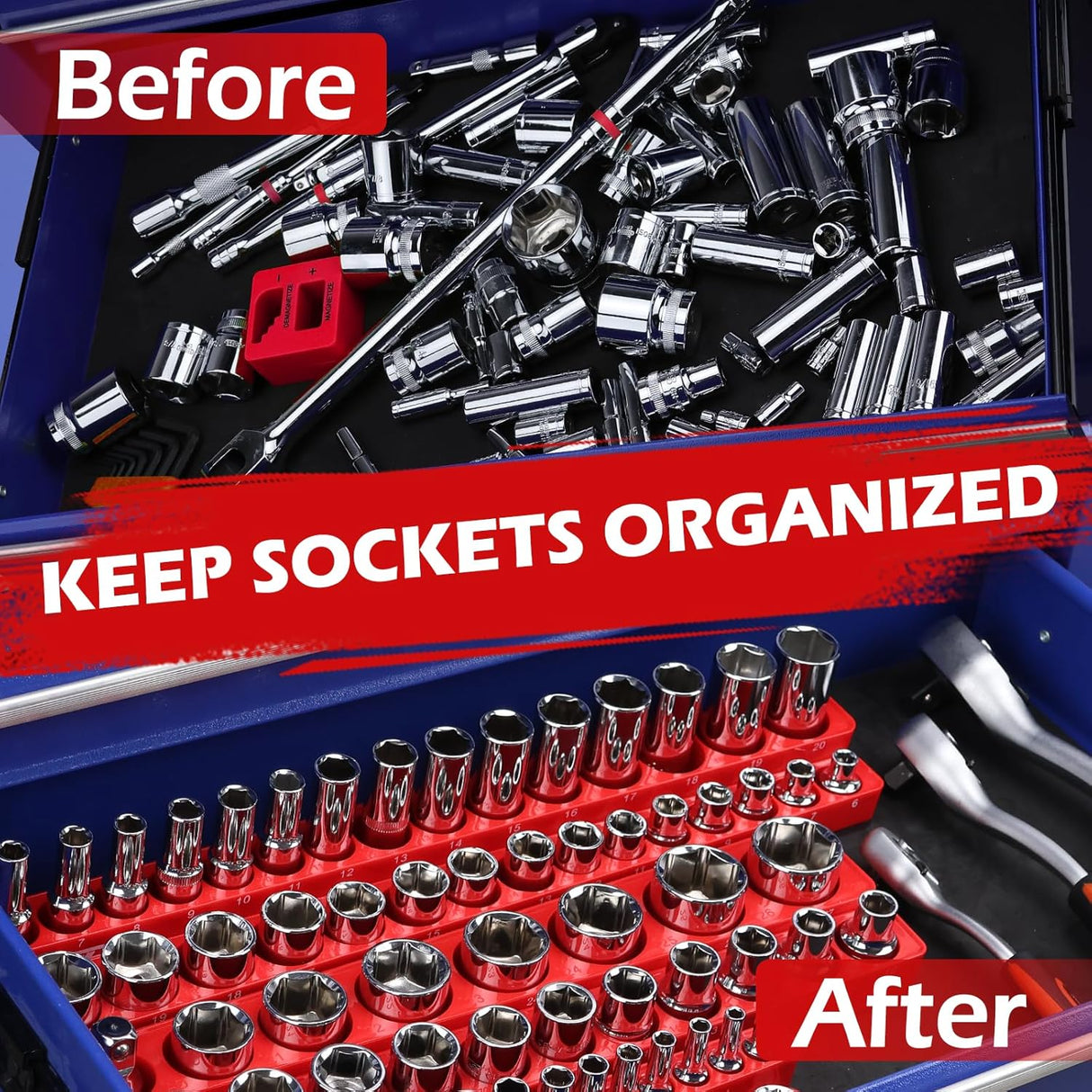 SEDY magnetic socket organizer set for 3/8 inch drive metric sockets, blue detachable aluminum trays with strong magnetic base and modular design