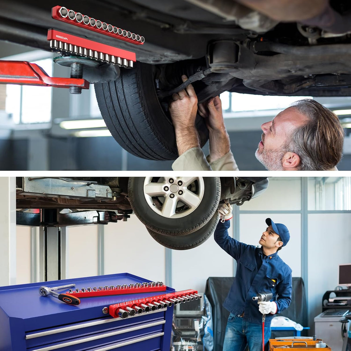 SEDY magnetic socket organizer set for 3/8 inch drive metric sockets, blue detachable aluminum trays with strong magnetic base and modular design