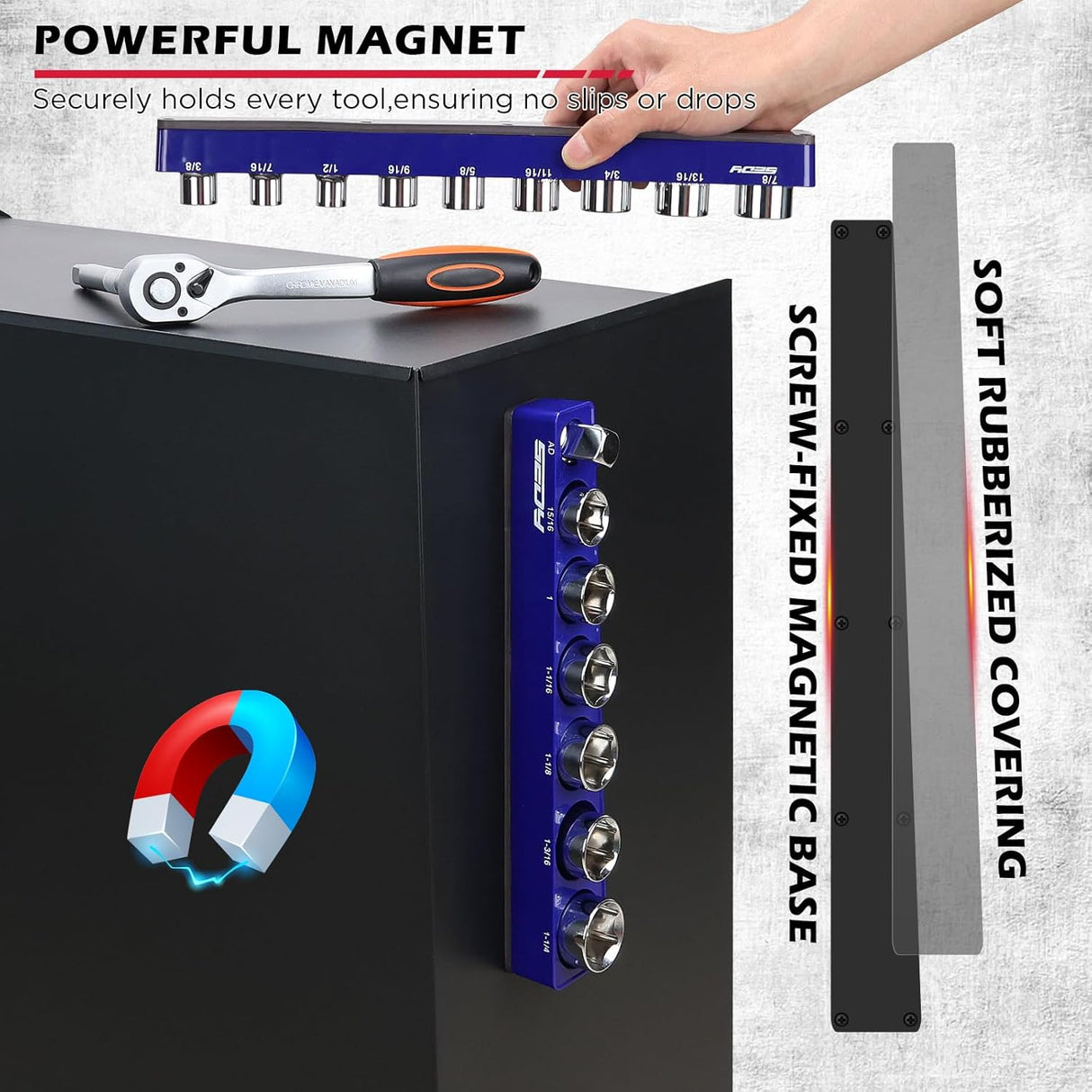 SEDY magnetic socket organizer set with 1/2" SAE aluminum trays and strong magnetic base for secure tool storage