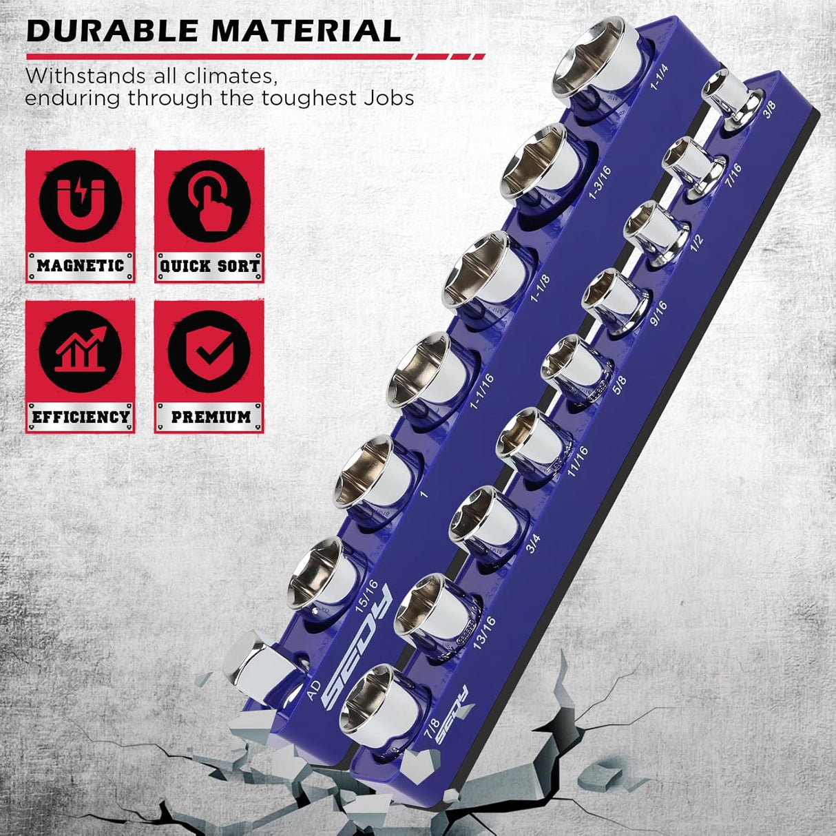 SEDY magnetic socket organizer set with 1/2" SAE aluminum trays and strong magnetic base for secure tool storage
