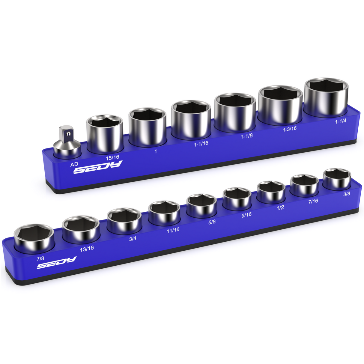 SEDY magnetic socket organizer set with 1/2" SAE aluminum trays and strong magnetic base for secure tool storage