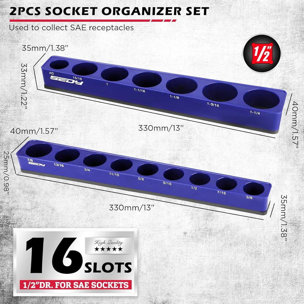 SEDY magnetic socket organizer set with 1/2" SAE aluminum trays and strong magnetic base for secure tool storage