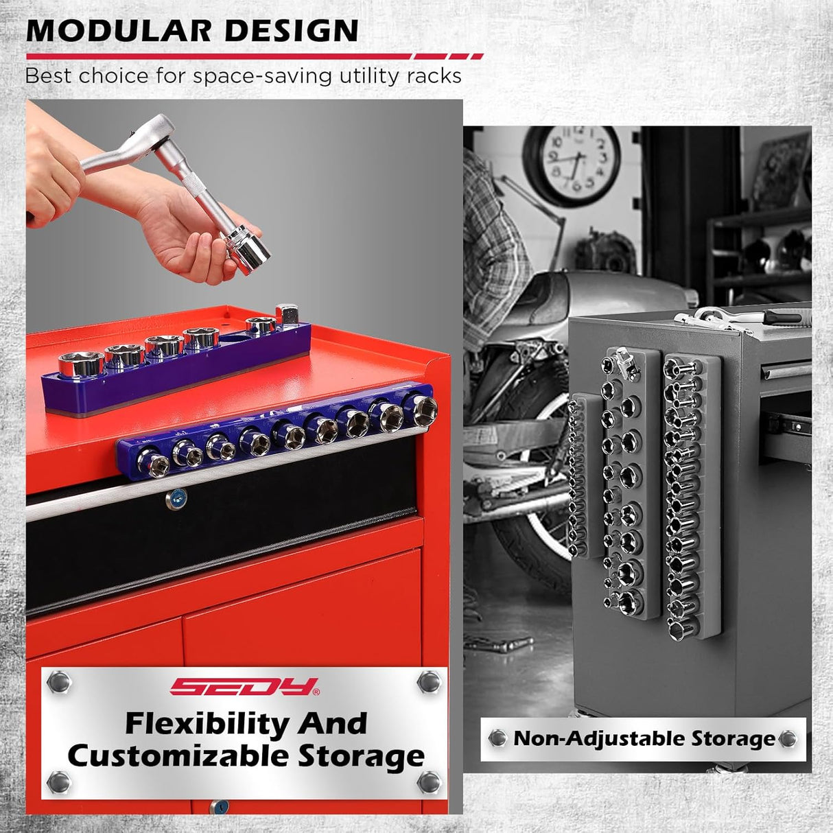 SEDY magnetic socket organizer set with 1/2" SAE aluminum trays and strong magnetic base for secure tool storage
