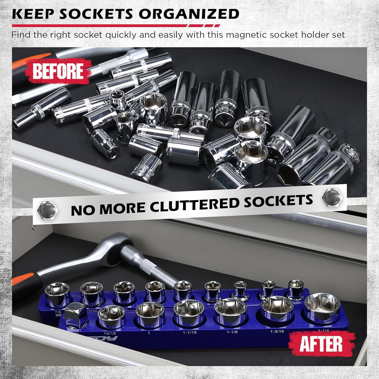 SEDY magnetic socket organizer set with 1/2" SAE aluminum trays and strong magnetic base for secure tool storage