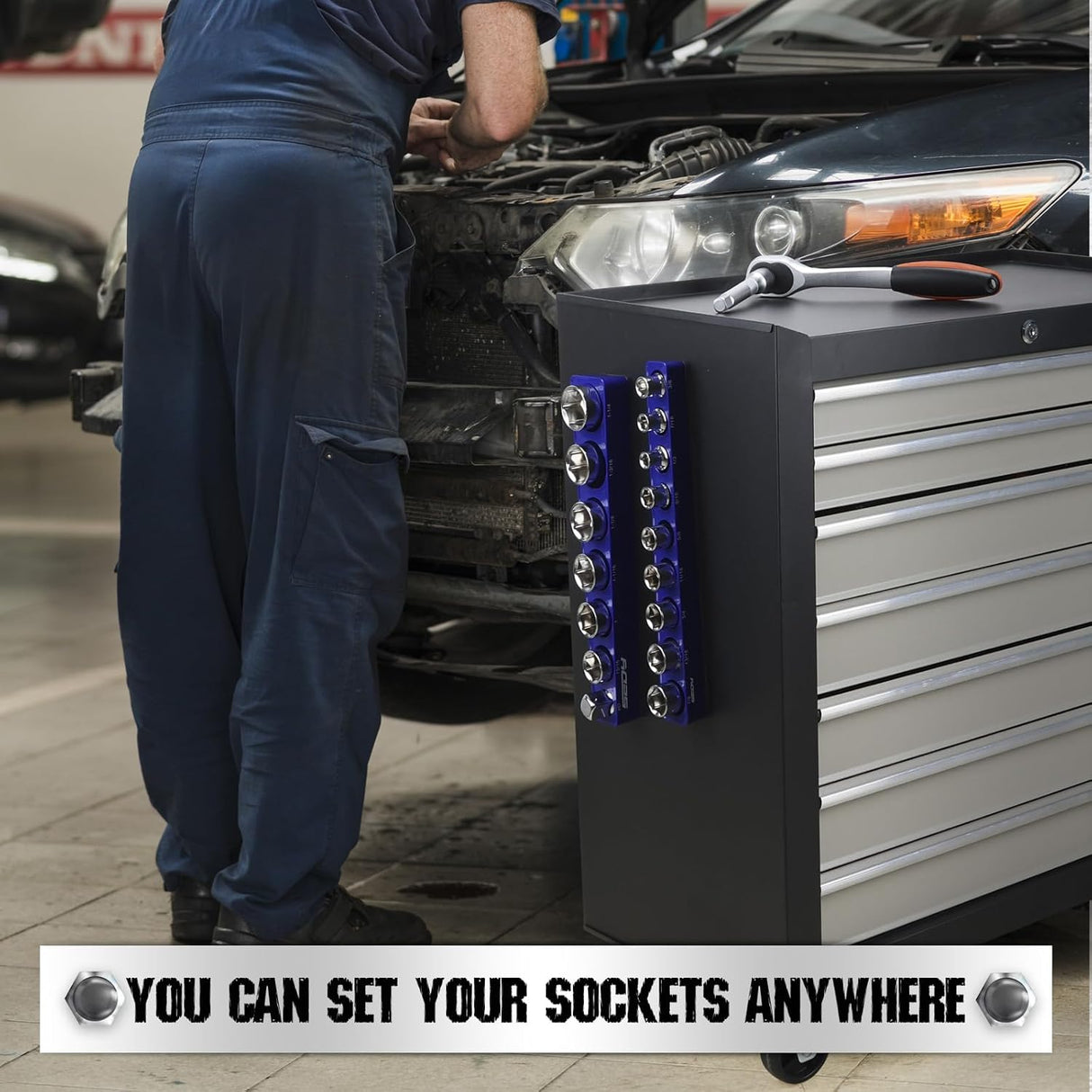 SEDY magnetic socket organizer set with 1/2" SAE aluminum trays and strong magnetic base for secure tool storage