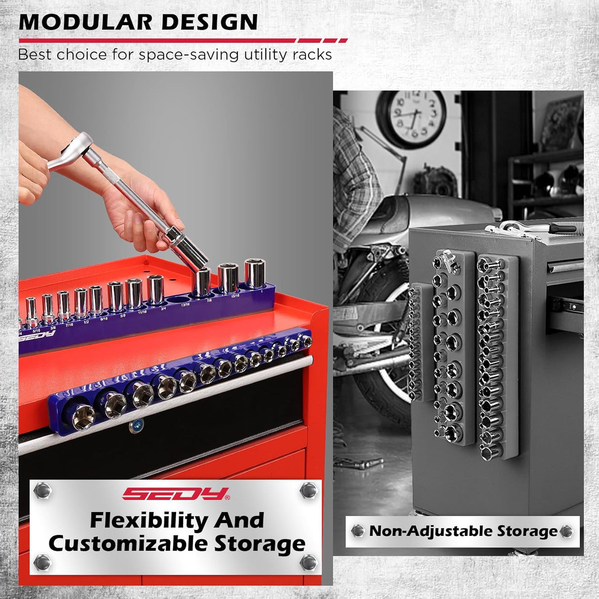 SEDY blue magnetic socket organizer for 3/8 inch drive SAE sockets, detachable aluminum trays with 5mm magnetic base for workshop and toolbox use