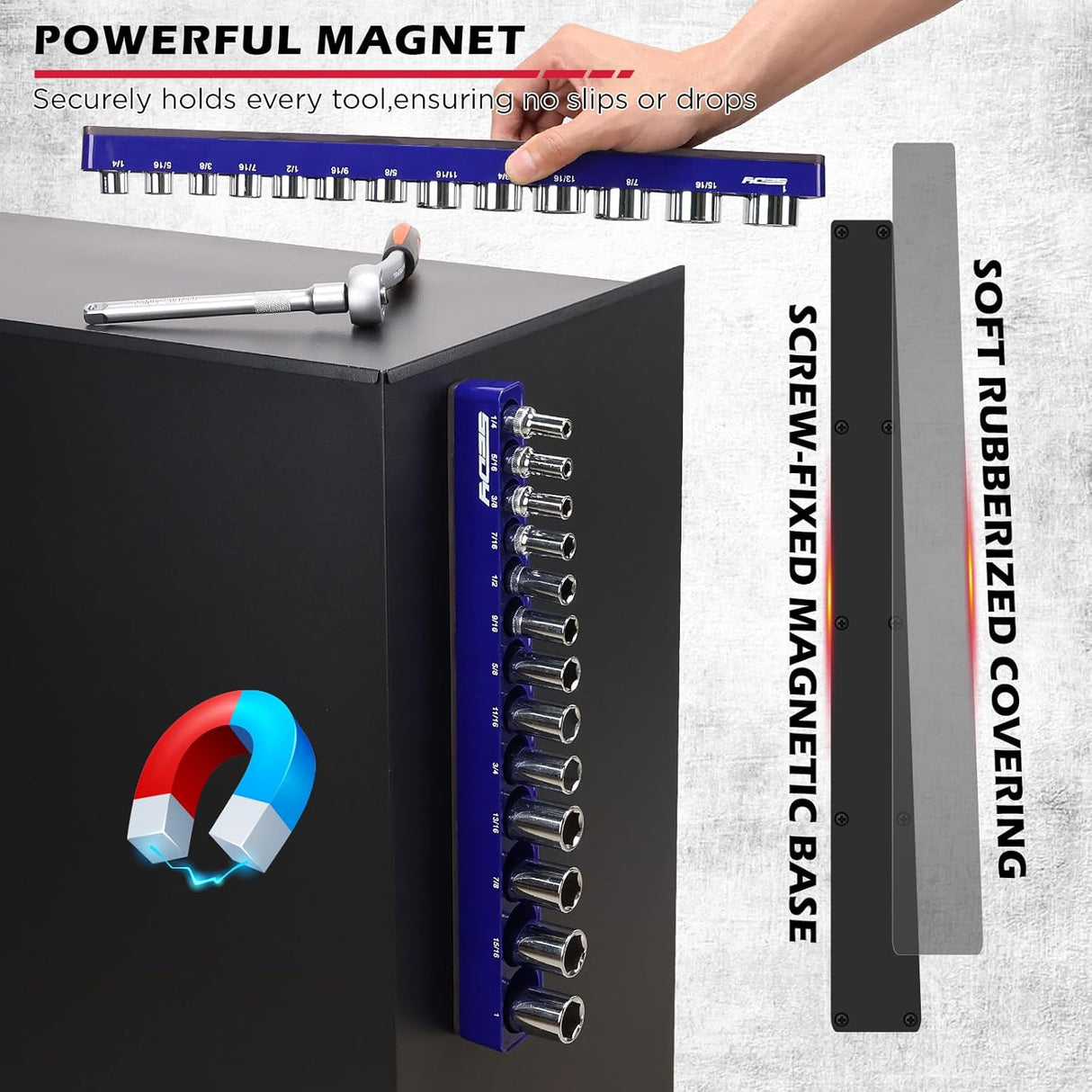 SEDY blue magnetic socket organizer for 3/8 inch drive SAE sockets, detachable aluminum trays with 5mm magnetic base for workshop and toolbox use