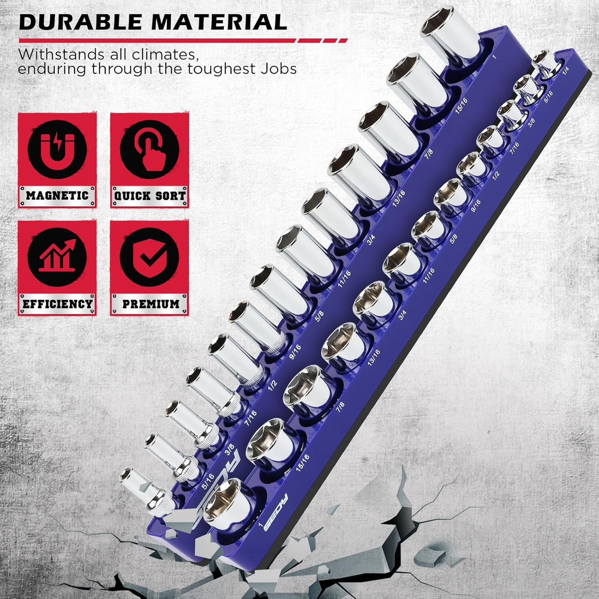 SEDY blue magnetic socket organizer for 3/8 inch drive SAE sockets, detachable aluminum trays with 5mm magnetic base for workshop and toolbox use