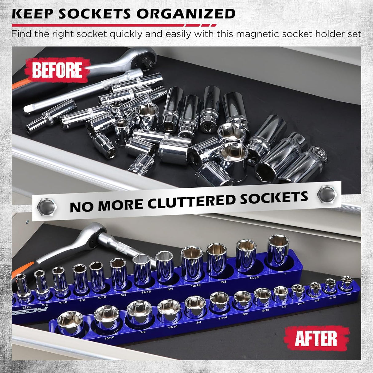 SEDY blue magnetic socket organizer for 3/8 inch drive SAE sockets, detachable aluminum trays with 5mm magnetic base for workshop and toolbox use