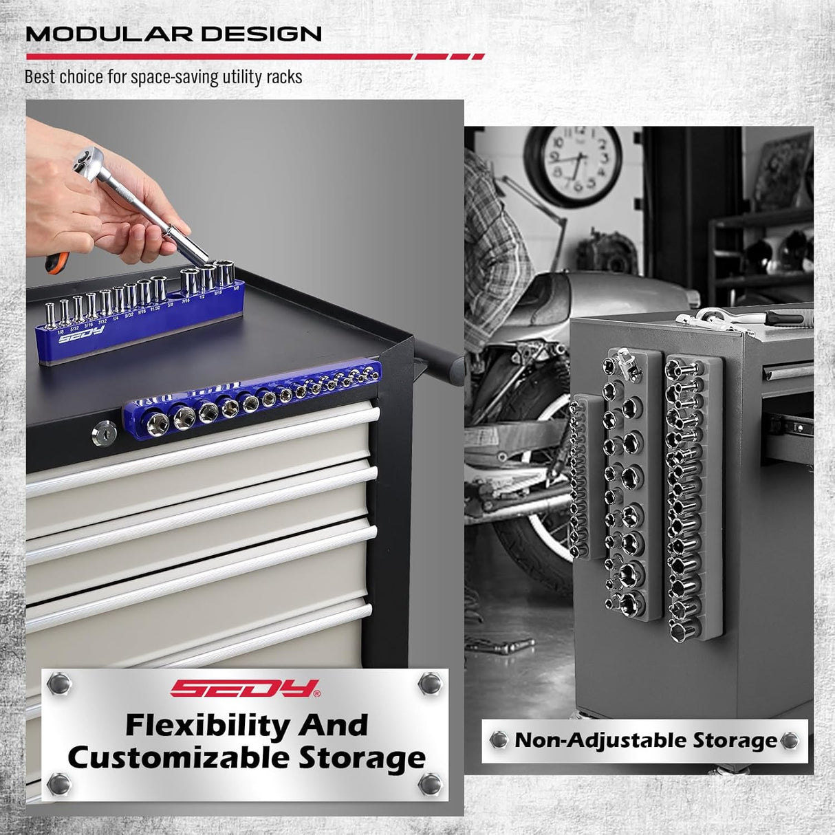 SEDY blue magnetic socket organizer tray for 1/4 inch drive SAE sockets from 1/8 to 5/8 inch, ideal for garage tool storage