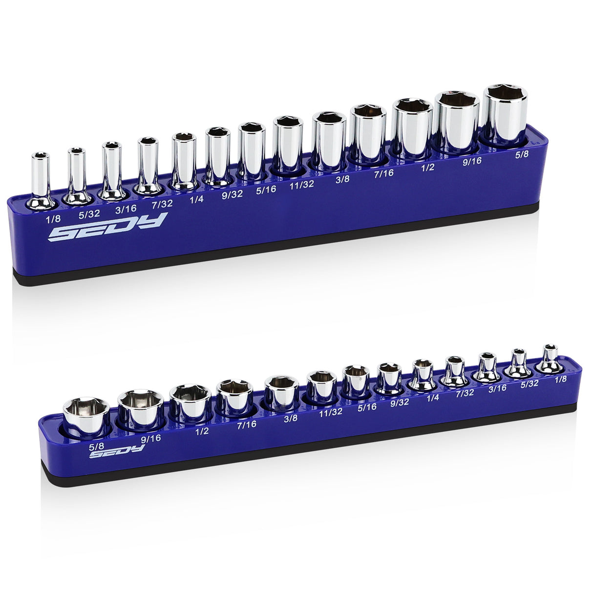 SEDY blue magnetic socket organizer tray for 1/4 inch drive SAE sockets from 1/8 to 5/8 inch, ideal for garage tool storage