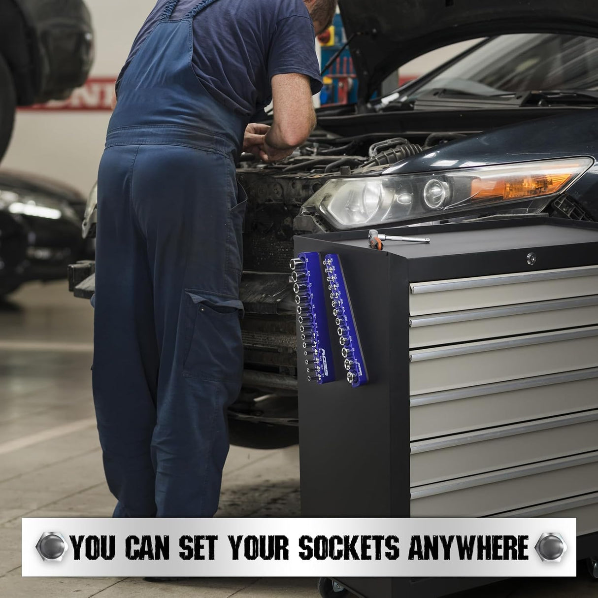 SEDY blue magnetic socket organizer tray for 1/4 inch drive SAE sockets from 1/8 to 5/8 inch, ideal for garage tool storage