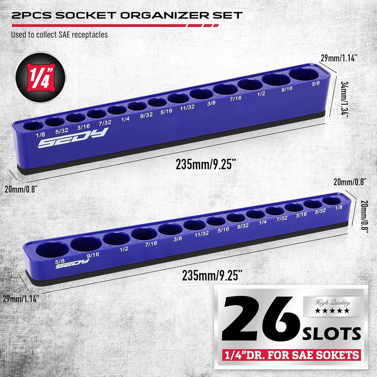 SEDY blue magnetic socket organizer tray for 1/4 inch drive SAE sockets from 1/8 to 5/8 inch, ideal for garage tool storage