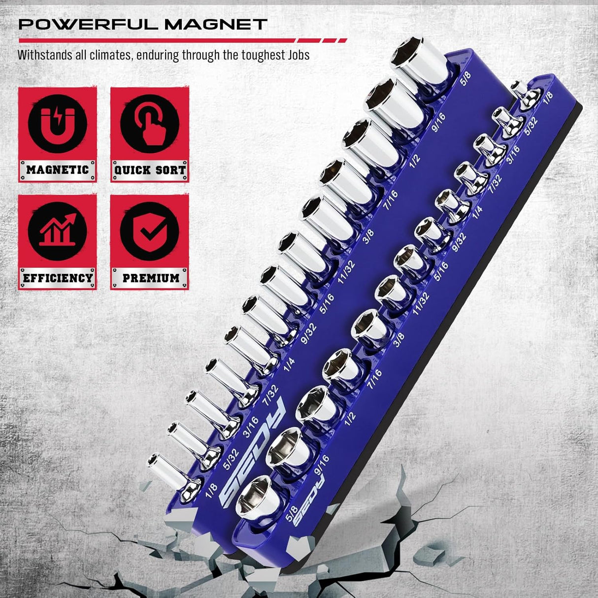 SEDY blue magnetic socket organizer tray for 1/4 inch drive SAE sockets from 1/8 to 5/8 inch, ideal for garage tool storage