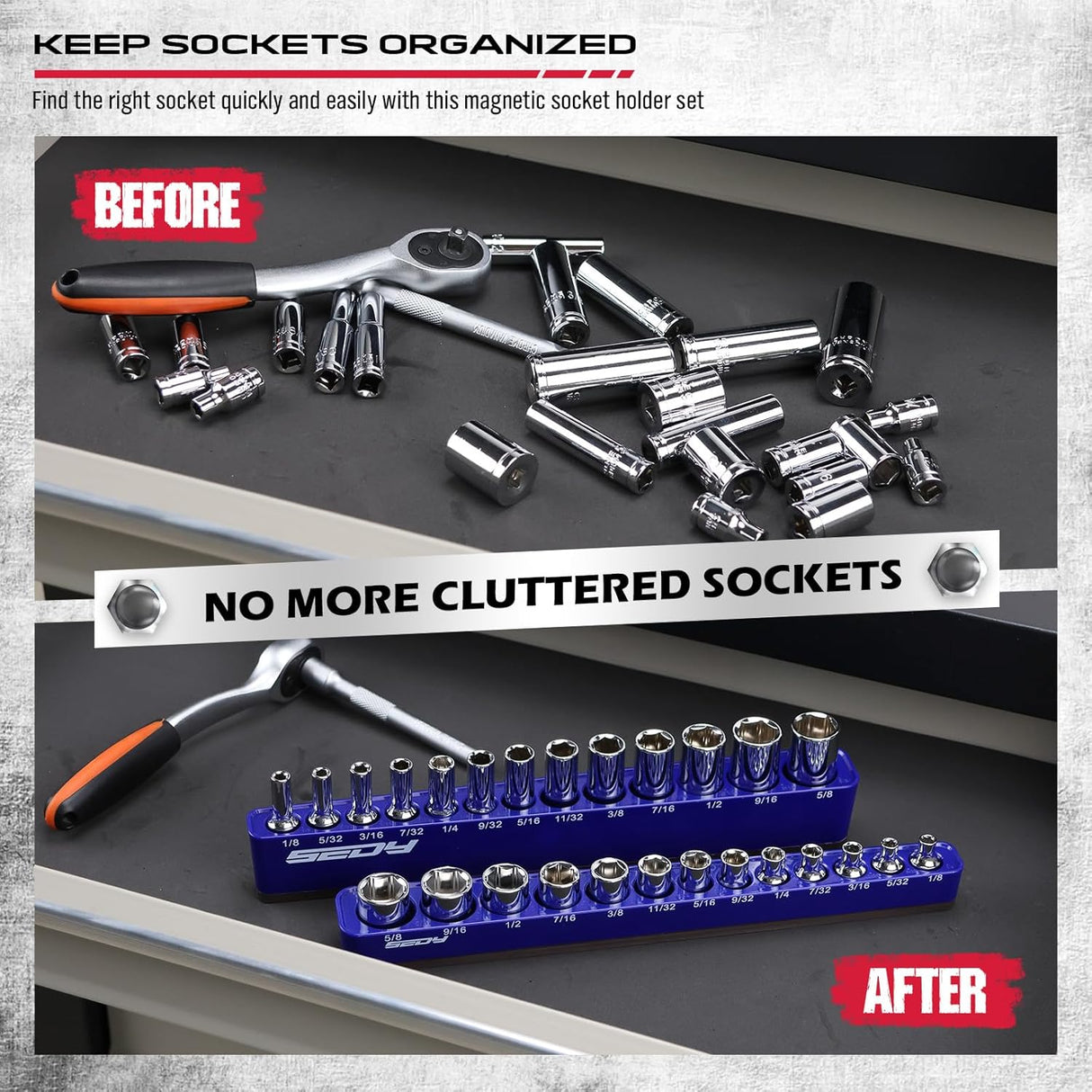 SEDY blue magnetic socket organizer tray for 1/4 inch drive SAE sockets from 1/8 to 5/8 inch, ideal for garage tool storage
