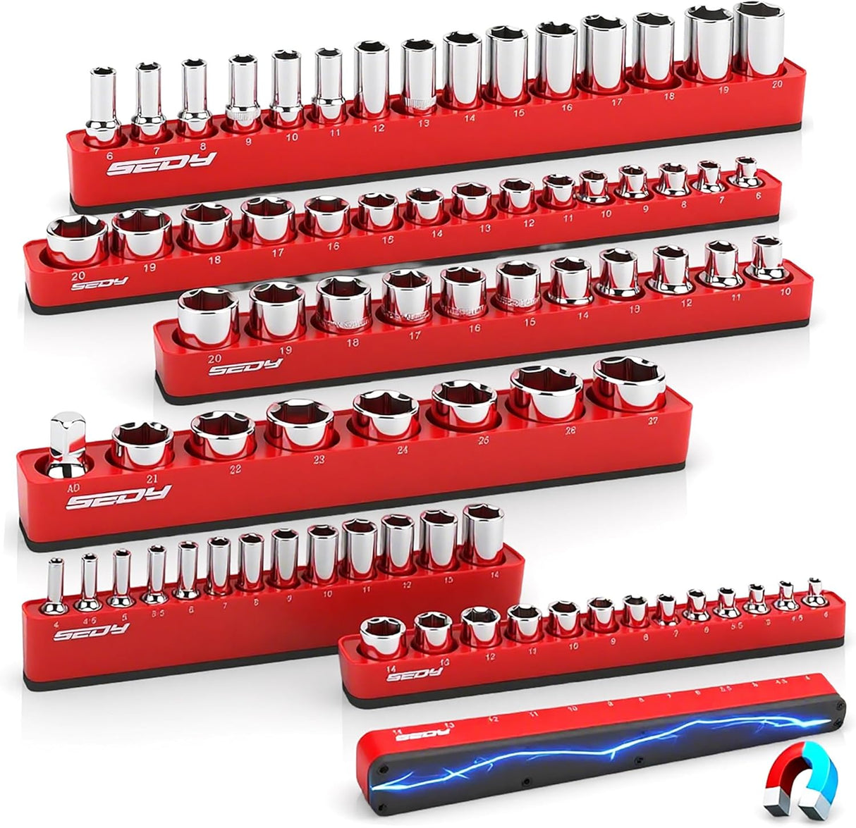 SEDY 6-piece magnetic socket organizer set with 75 metric slots for tool drawer or wall mounting